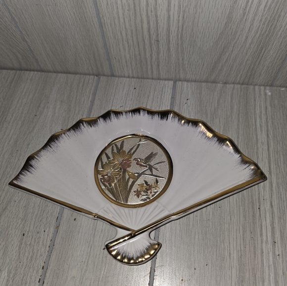 Vintage Other - Vtg Art Of Chokin 24k Gold Edged Fan Shaped Dish Humingbird Flowers Japanese
